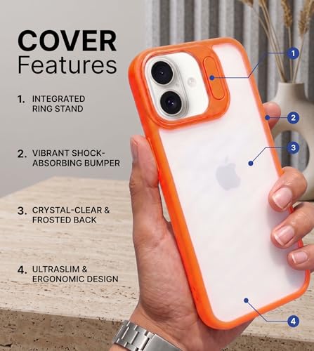Image of amazon basics Frosted Matte Case for iPhone 17 | Built-in Flip-Out Camera Lens Stand | Translucent Back with Contrast Orange Bumper | Shockproof Protective Cover with Foldable Kickstand