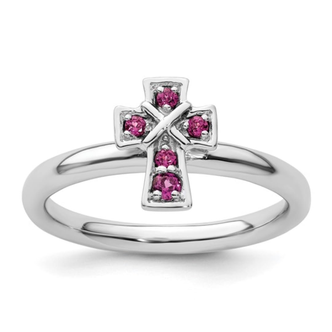 Cross Ring Sterling Silver for Women Stackable Rhodium Expressions Genuine Rhodolite Garnet January Birthstone Month Dainty Cross Ring Gemstone Gifts Ideas for Men and Women