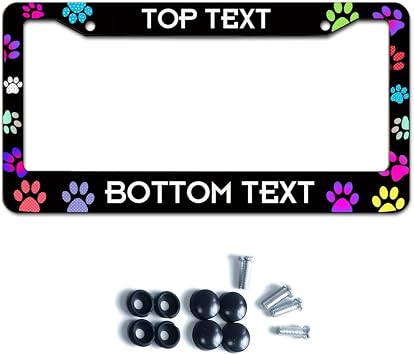 Custom License Plate Frame Holder with Colorful Paws Personalized License Plate Cover Heavy Duty Metal Cat Dog Paw Print License Plate Frame Auto Car Tag Holder with Screws