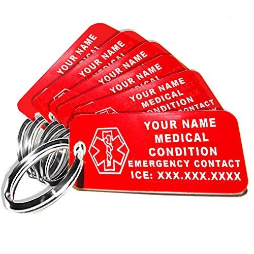 My Identity Doctor - Custom Engraved Medical Alert ID Keychain Tag, Plastic, Rectangle, Red, Small 2.25 x .79 Inch, 10 Pack
