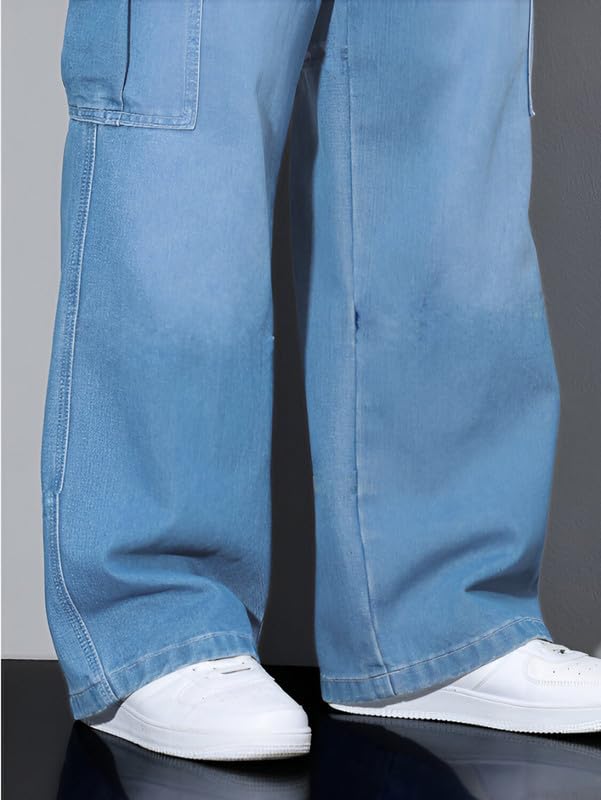 Image of Ben Martin Men's Denim Cotton Cargo Jeans || Stretchable Baggy Fit || High Waist Loose Cargos for Men with Box Pockets || Stylish Gen-Z Streetwear || Sizes 28-40 || Black, Khaki, Grey & More (1)