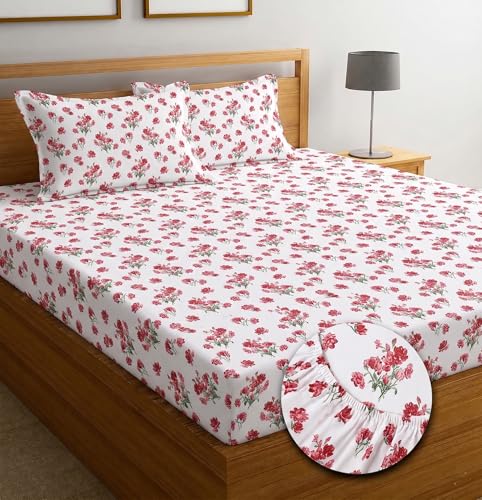 Image of IVAZA Ezyption Cotton Super Soft 240 TC Elastic Fitted All Around Elastic Printed King Size Double Bed Bedsheet with 2 Pillow Cover 72 inch X 78 inch3 Red White