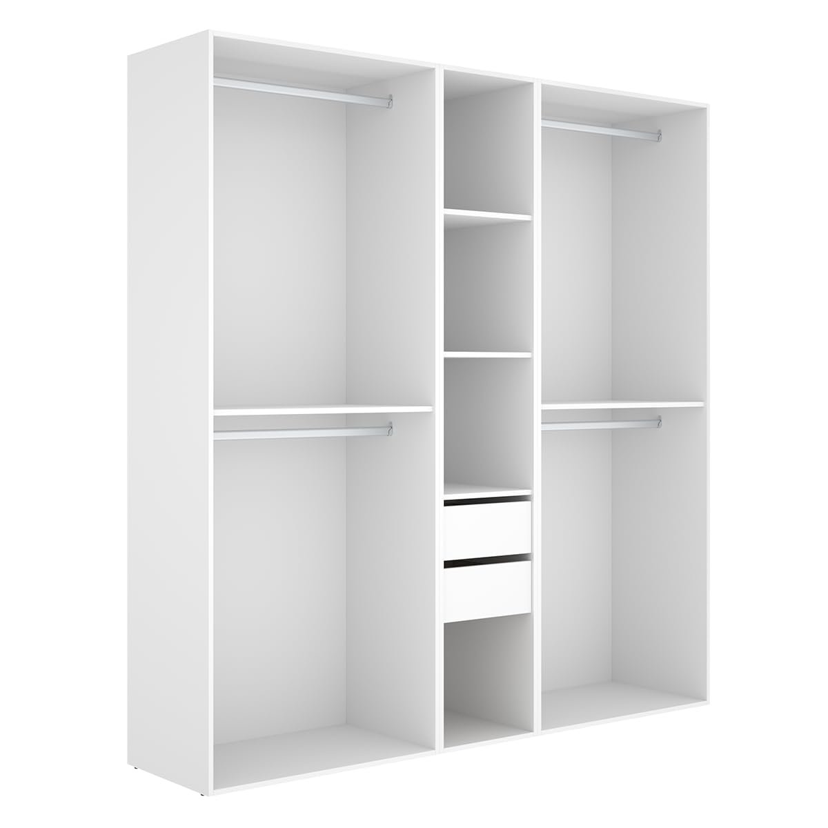 PEGANE Grand Dressing Ouvert avec Fond réversible – 4 penderies, 2 tiroirs – Blanc/Naturel - Hauteur 204,5 x Longueur 199,5 x Profondeur 45