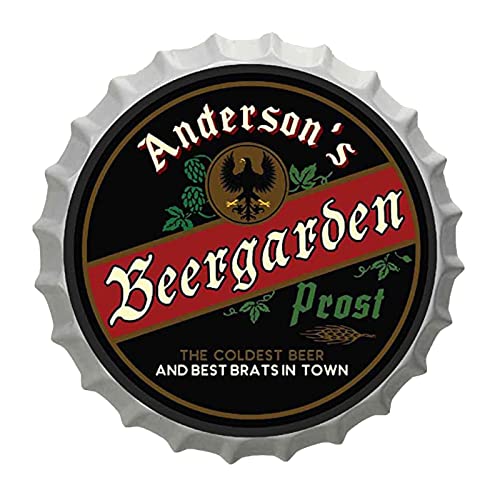 Personalized Beer Bottle Cap Sign (German Beer Garden Biergarten) - Wall Hanging Tin Metal Custom Bar Signs for Home Bar, Man Cave Accessories - 13x13x3in - Custom Bar Decor for Home - Metal Wall Art