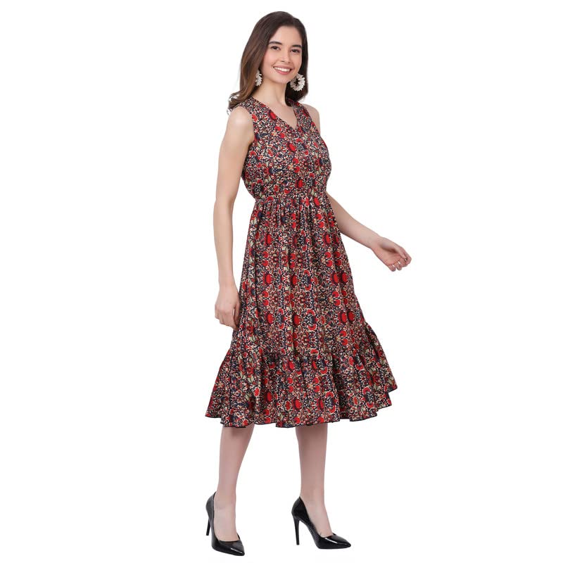 Image of Women's Crepe A-Line Knee Length Dress | Western Sleeveless Dress for Girls | Flared Frock | Frill Midi | Knee Gown