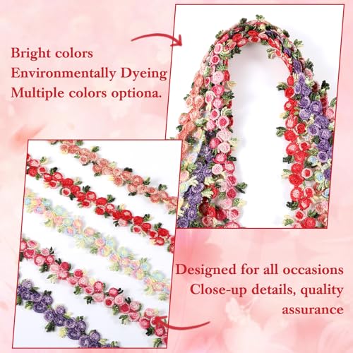 KFHENSOMR Floral Lace Ribbon Trim, Rose Lace Flower Trim for Sewing Decorating 5 Yards Rose Embroidered Polyester DIY Laces Floral Applique Craft, 2.2cm Width for Wedding Dresses Party Decor Clothes