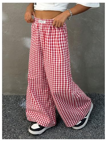 SOLY HUX Girl's Plaid Gingham Baggy Pants Elastic High Waisted Wide Leg Long Pants Trousers3