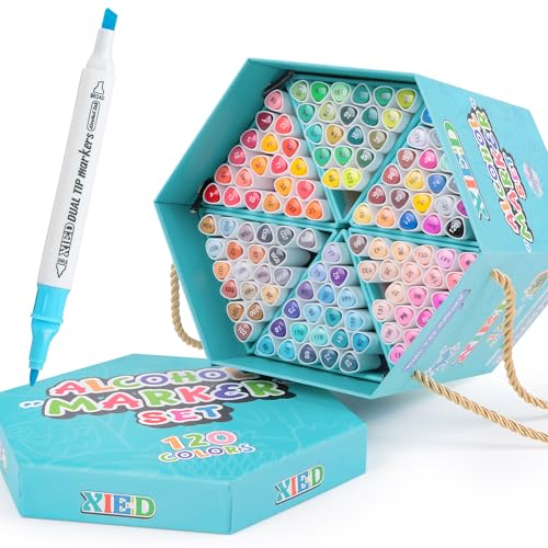 XIEED Alcohol Markers, 120 colores Premium Hexagonal Markers Set Gift Box, Fine & Broad Dual Tip Alcohol Marker Pens, Alcohol-based Art Markers for Adults, Artists in Drawing, Colouring & Sketching