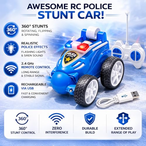Image of Remote Controled Police Stunt Car Toy, All-Terrain Performance, 360 Rotating Rolling LED Flashing Lights with Police Siren Sound, Anti-Skid Rubber Tires, Grey, C Type Rechargeable 368PO Blue