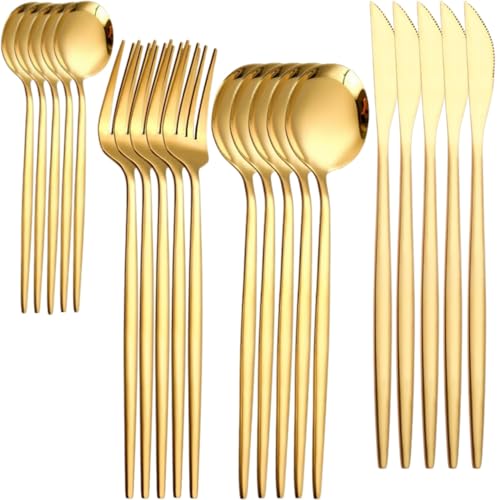 Image of 20 pcs Flatware Set, Gold Silverware Set for 5, Knife Fork Spoon, Stainless Steel Home Dinnerware Tableware,Mixed Cutlery Set Eating Utensils for Restaurants (20 Pcs Gold)