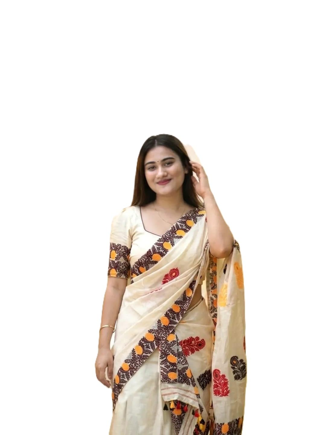 Cotton Assamese Mekhela Sador Woven Pattern Cultural Two Piece Dress With Coordinated Blouse Piece Cream Free Size(NOT SAREEE)-picture-13