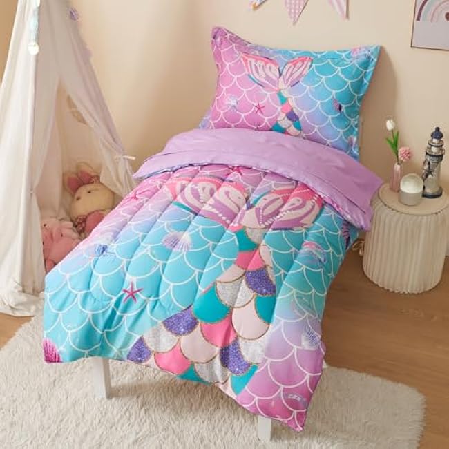 Mermaid Tail Toddler Bedding Set Crib Bedding Set for Girls 4 Pieces with Toddler Comforter, Toddler Bed Sheets, Pillowcase, Purple Blue Gradient