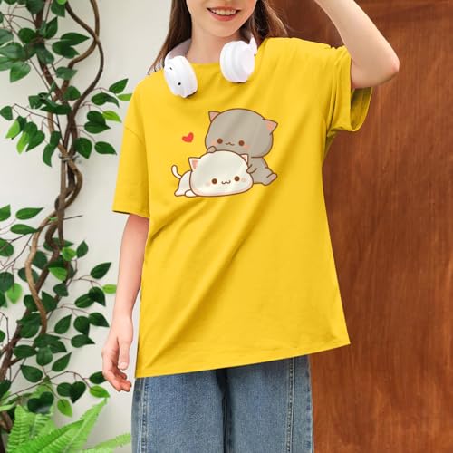 Image of KEEVICI Cute Cat Shirts for Girls Graphic Tees Kids Kawaii Cartoon Animal Print T Shirt Summer Cotton Short Sleeve Tops