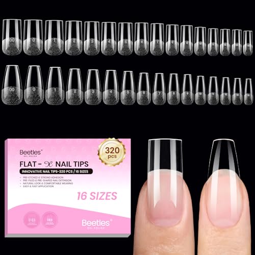 Beetles Gel Nail Tips Flat-X - Square Coffin Medium 320pcs 16 Sizes Pre-Etched Half Matte Full Cover Soft Acrylic Press on Easy DIY False Nail Extension Salon for Flat & Natural Nail Beds