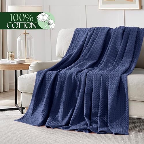 Image of Elegant Comfort Premium 100% Cotton Waffle Blanket - Lightweight Breathable Waffle Weave Bed Blanket - Soft and Warm All Season Blanket for Couch, Sofa and Bed, Twin Size 68x88 Inches, Navy Blue