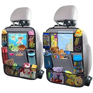 Car Backseat Organizer with 11″ Table Holder, 10 Storage Pockets Seat Back Protectors Kick Mats for Kids Toddlers, Travel Accessories, 2 Pack, Gray