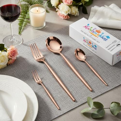 Image of Classic Rose Gold 24 Pcs Stainless Steel Cutlery Set for Dining Table, Dishwasher Safe Glossy Flatware (Perfect Spoon Fork Set)