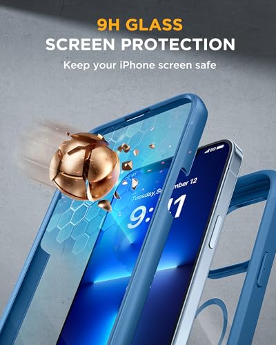 Image of Miracase Magnetic for iPhone 13 Pro Max Case 6.7 inch, (Compatible with MagSafe) Upgrade Full-Body Clear Phone Bumper Case with Built-in 9H Tempered Glass Screen Protector, Magnetic Capri Blue