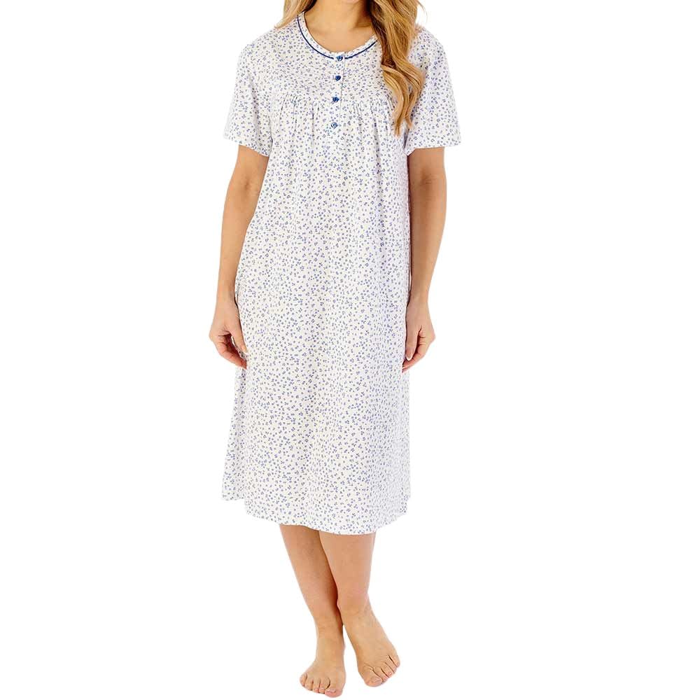 Slenderella Women's Blue Anemone Short Sleeve Buttoned Top 42 Inch Cotton Nightdress (16/18, )