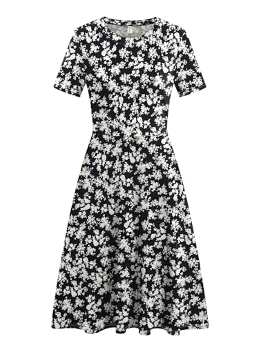 Women's Elegant Vintage Summer Casual Dresses Knee Length Floral Print Work A-Line Dress with Pockets 2623