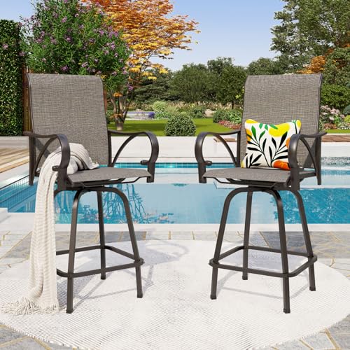Image of PHI VILLA Outdoor Bar Stools Swivel Set of 2, Outdoor Bar Height Tall Patio Chairs Grey with Armrest, High Top Patio Stools & Chairs with Sling Fabric for Outside Kitchen