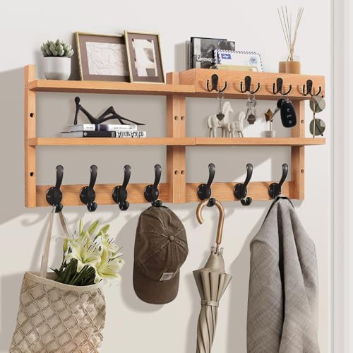 Image of 29 inch Coat Rack Wall Mount with Shelf, Pine Two-Tier Wall Shelf Mounted Coat and Key Hanger with 7 Heavy Duty Hooks 4 Key Hooks, Entryway Key Holder with Mail Holder for Bedroom,Living Room (Wood)