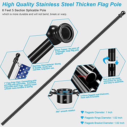 Upgraded Flag Pole Kit W/ 2-Position Bracket Holder & W/Spinning Rings - 5Ft To 6Ft 1" Metal Flagpole Kit For 3X5 & 4X6 American Flag - Yard House Wall Mount Flag Pole For Residential (6 Ft, Black) #TOP3