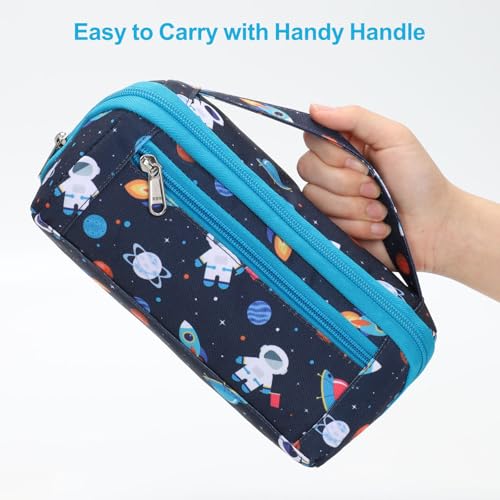 Image of Large Pencil Case for Boys, Durable Pencil Pouch for School, Wide Opening Soft Bag with Handle, Fits 50 Pens & Markers (Dark Blue Space Astronaut)