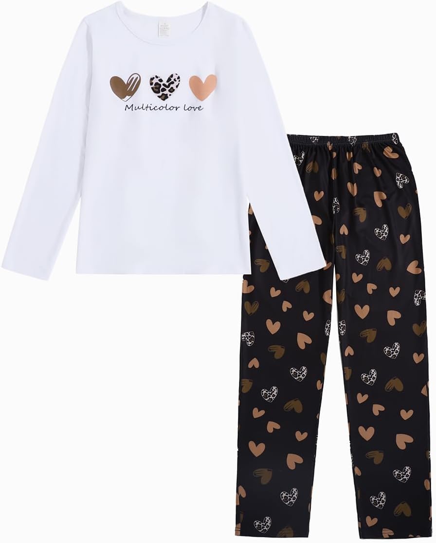 HONG HUI Women Pajamas Set Soft Christmas Pjs Holiday Loungewear Set Long Sleeve Top With Pants,S-3XL Large White-love