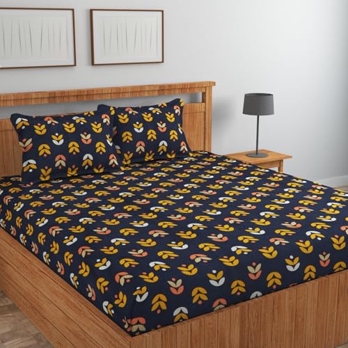 Image of NEW LEAF Cotton Fitted King Bedsheets with 2 Pillow Covers | Elastic Fitted | Wrinklefree | Ultrasoft |Winter Bedsheet 200 to 220 tc Floral | 78x72+8 Inches, Floral Black Yellow