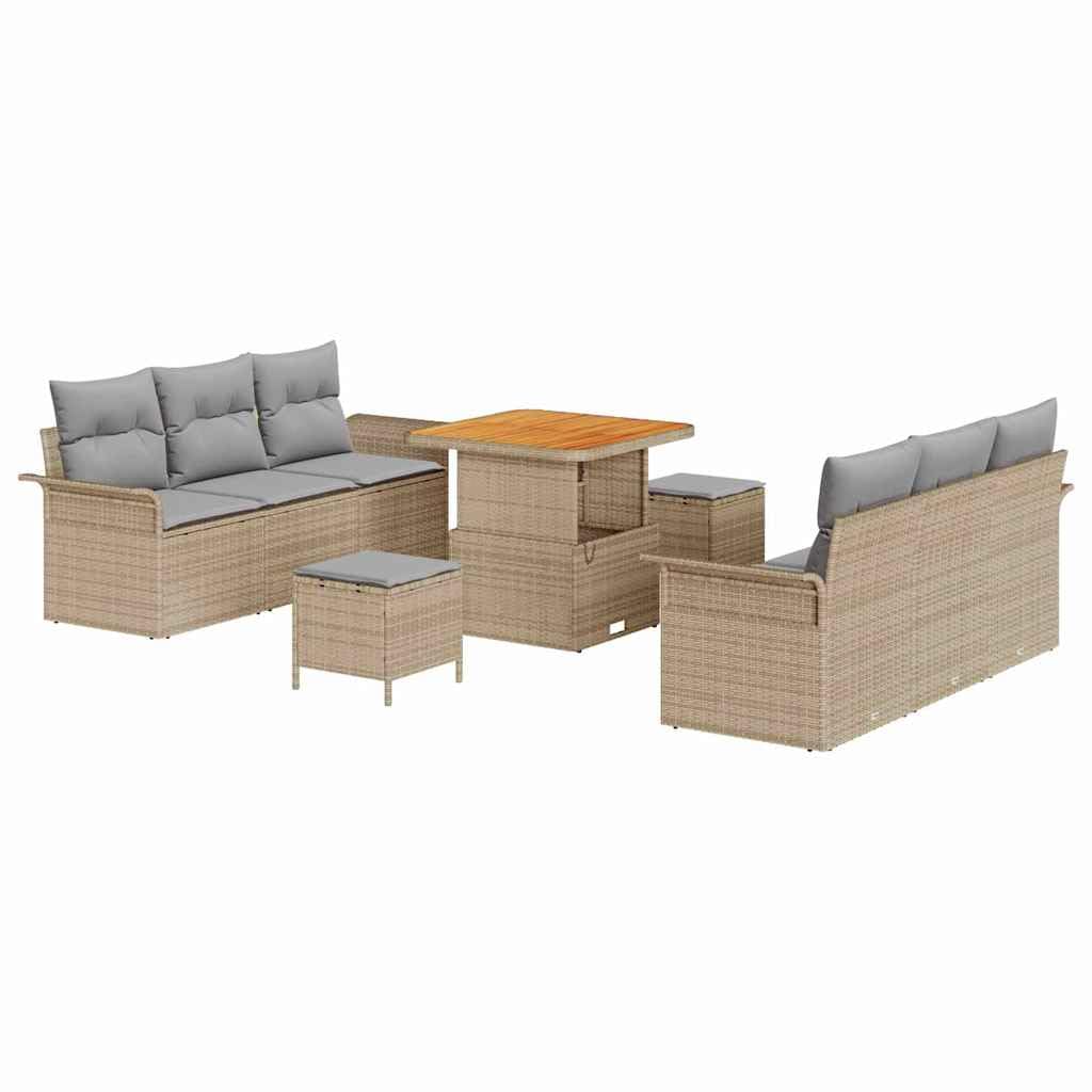 Set di mobili da giardino in polyrattan, 9 pezzi, beige e grigio