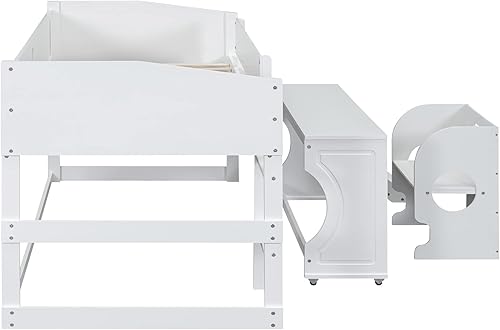 Miniatura 9 de Harper & Bright Designs Cama baja para niños con escritorio y silla portátil con ruedas, marco de cama individual tipo loft con tobogán y escalera,