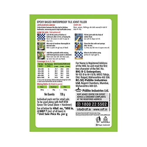 Image of Pidilite Roff Rainbow Tile Mate Epoxy (Base + Hardener) & Filler to fill tile joints in kitchen, factory | stain and chemical resistant | 738GM MDW GRN