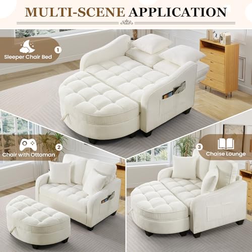Image of Oversized Chair and A Half, Chenille Tufting Accent Cozy Reading Sofa Chair with Storage Ottoman, Upholstered Loveseat Chaise Lounge Sofa with Adjustable Back for Living Room, Office, Sunroom, Beige