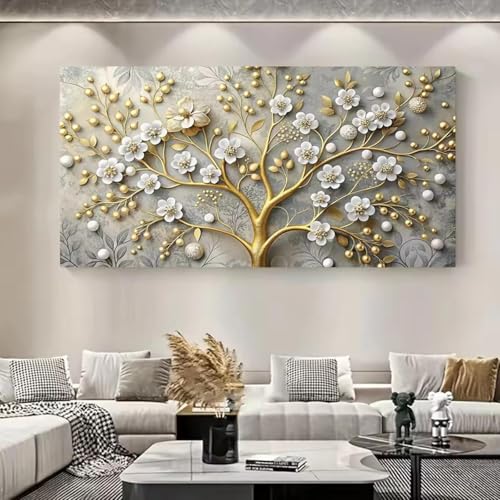 Arbre à fleurs dorées en toile 55x100 cm pour sublimer votre décoration de salon