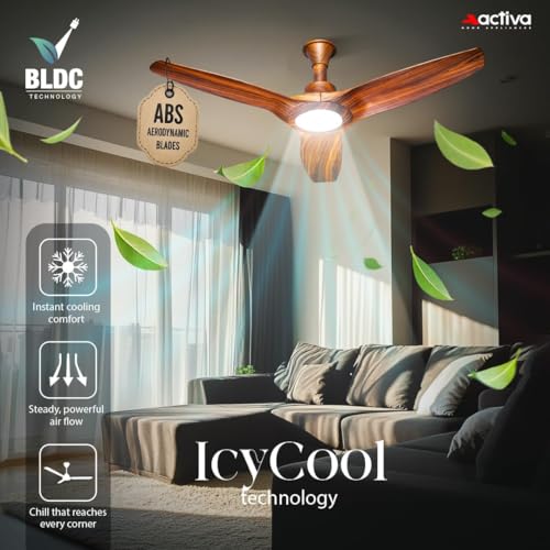 Image of ACTIVA Silentair 1200mm BLDC Ceiling Fan with LED Light & Remote | 28W BEE 5 Star Fan | High Speed Airflow | Silent Operation | Premium Decorative Ceiling Fan for Home & Office | (Wooden Finish)