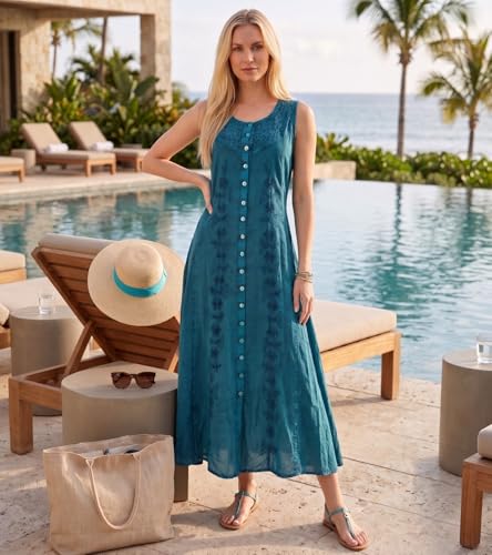 Image of Sakkas Maya Floral Embroidered Sleeveless Button Up Rayon Dress