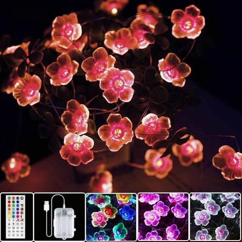 OMIKA Multicolor Flower Lights Cherry Blossom String Lights Battery Operated & USB Powered, 13ft 40LED Fairy Lights with Remote Timer Decorative Lights for Nursery Girls Bedroom Dorm Wedding Décor