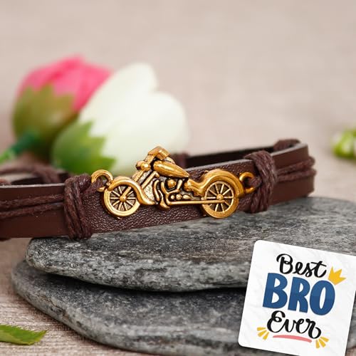 Image of eCraftIndia Brown and Golden Bike Designer Bracelet Rakhi for Brother with Best Bro Ever Fridge Magnet and Roli Chawal Pack