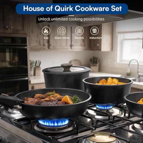 Image of House of Quirk 21 Pcs Maifan Stone Non Stick Ceramic Cookware Set | Pots & Pans with 2 Detachable Handles | Removable Handle RV Kitchen Cooking Set | Oven Safe, Induction Ready, Stackable (Black)