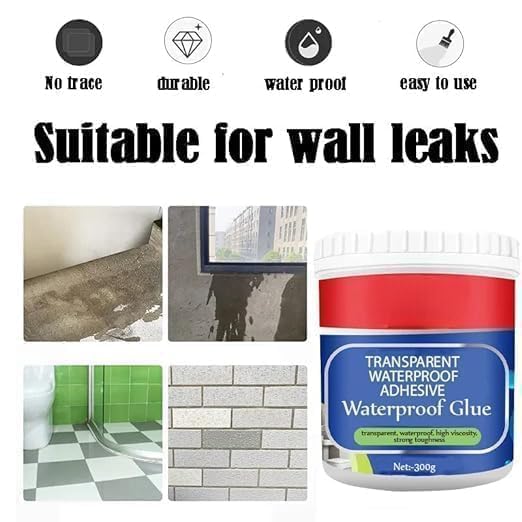 Image of Transparent Waterproof Adhesive Glue (300g) - Anti-Leakage Invisible Coating Layer with Application Brush for Bathroom Tiles, Balcony, Roof Cracks, and External Wall Leakage Repair