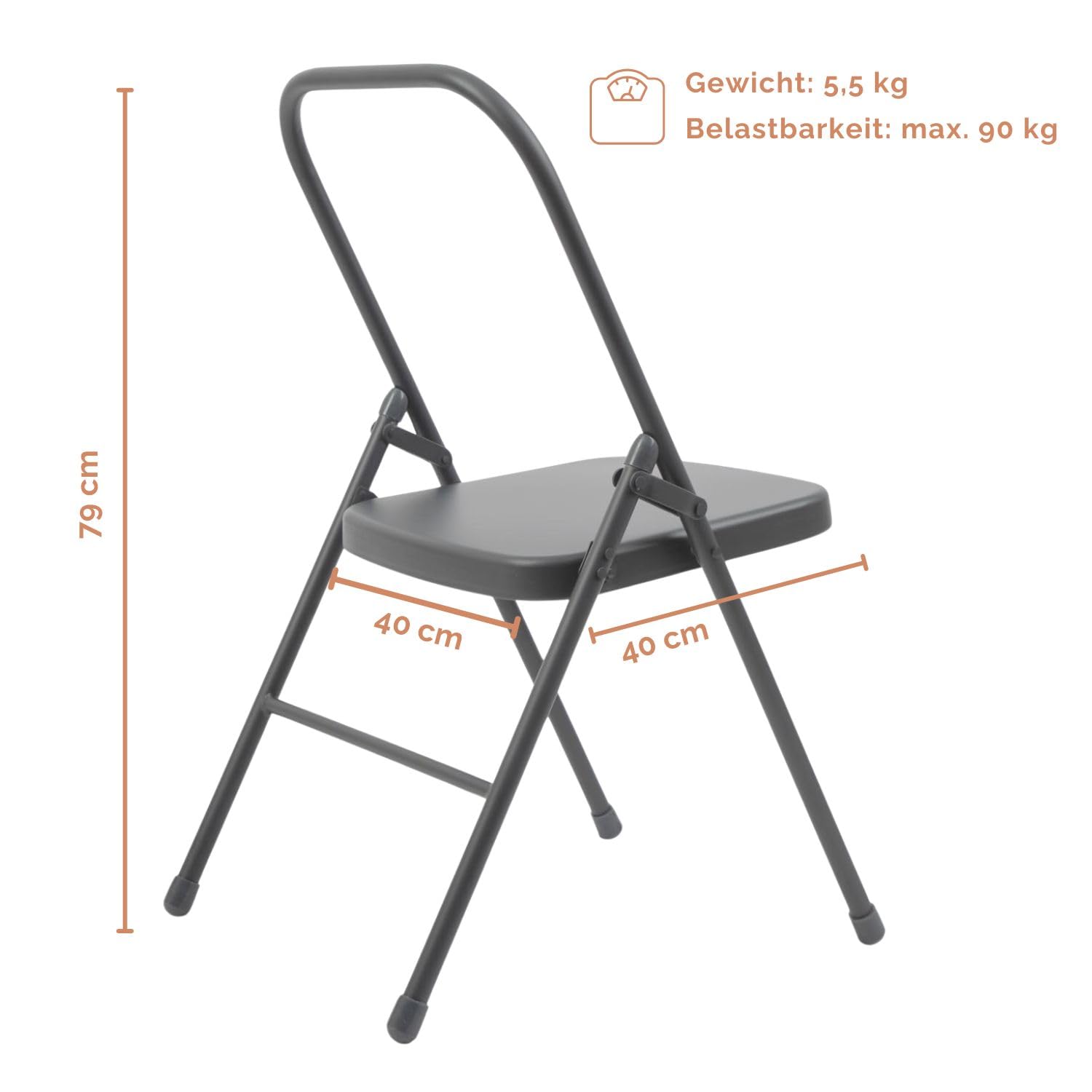 Bodhi Yoga Stuhl | Hilfsstuhl für Dehn- & Drehübungen | Klappstuhl für Iyengar Yoga | Stabil & Robust | Yoga Übungsstuhl für Zuhause | Beistellstuhl aus Metall | Anthrazit