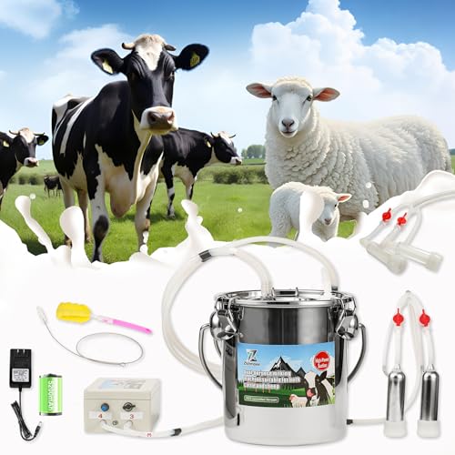 Upgrade 2-in-1 Goats and Cows Milking Machine 0.8Gal/3L Food-Grade Stainless Steel Bucket with 5200mAh Built-in Rechargeable Battery 4 Teat Cups Cordless Pulsation Vaccum Electric Milking Machine