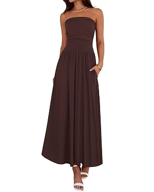 BTFBM Summer Maxi Dresses for Women 2026 Strapless Ruched Tube Top Beach Vacation Spring Wedding Guest Dress Pockets