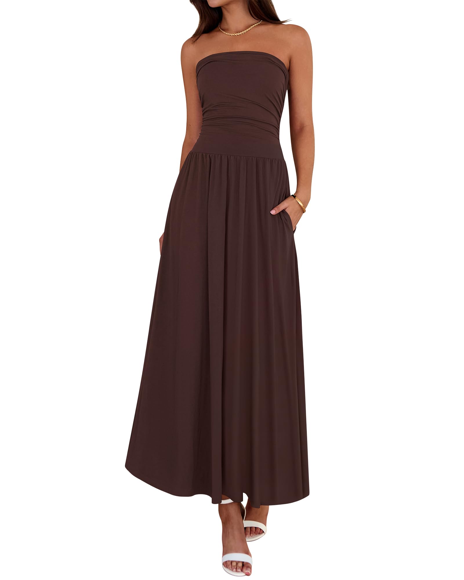 BTFBM Summer Maxi Dresses for Women 2026 Strapless Ruched Tube Top Beach Vacation Spring Wedding Guest Dress Pockets