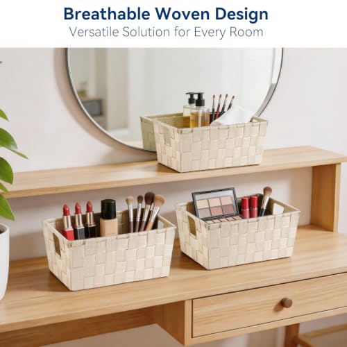 Image of Whitmor Small Woven Storage Baskets for Shelves - Decorative Bathroom Organizer Bins with Metal Structure, Versatile Shelf Storage Solution for Home Organization & Closet (Latte)