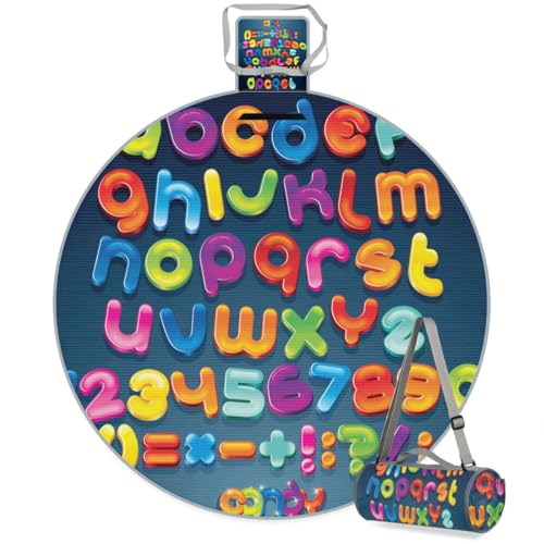 Shimoshe Cartoon Colorful Letters Picnic Outdoor Blanket Foldable Waterproof Sandproof Beach Blanket Portable Water-Resistant Round Picnic Mat for Travel Camping Park Lawn