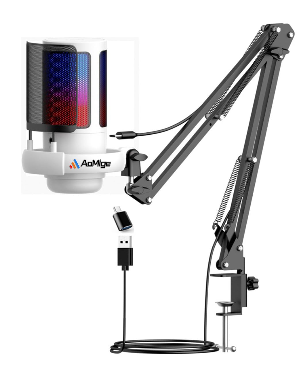 RGB Gaming Microphone for PS4/5 PC & MAC,w/Boom Arm,Pop Filter,Mute,Monitoring,192kHz/24Bit Noise Cancellation Condenser Gamer Podcast Recording Microphone for Streaming Twitch,Discord,YouTube (White)