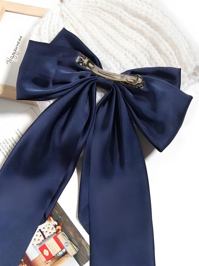Image of FilterFashion Big Satin Layered Hair Bows for Women Girls 11.5 Inch Barrette Hair Clip Long Back Ribbon Bows French Style Hair Accessories (Navy Blue)