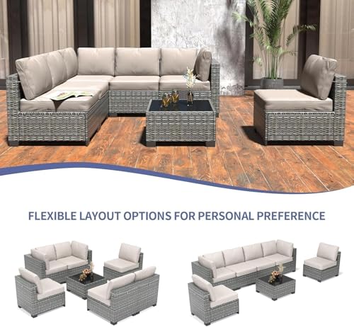 6 Piece Outdoor Patio Furniture Set with Coffee Table, Rattan Deck Conversation Sofa Set, All-Weather Sectional Rattan Sofa with Glass Top Coffee Table, Poolside, Garden, Porch, Grey + Beige - Image 5